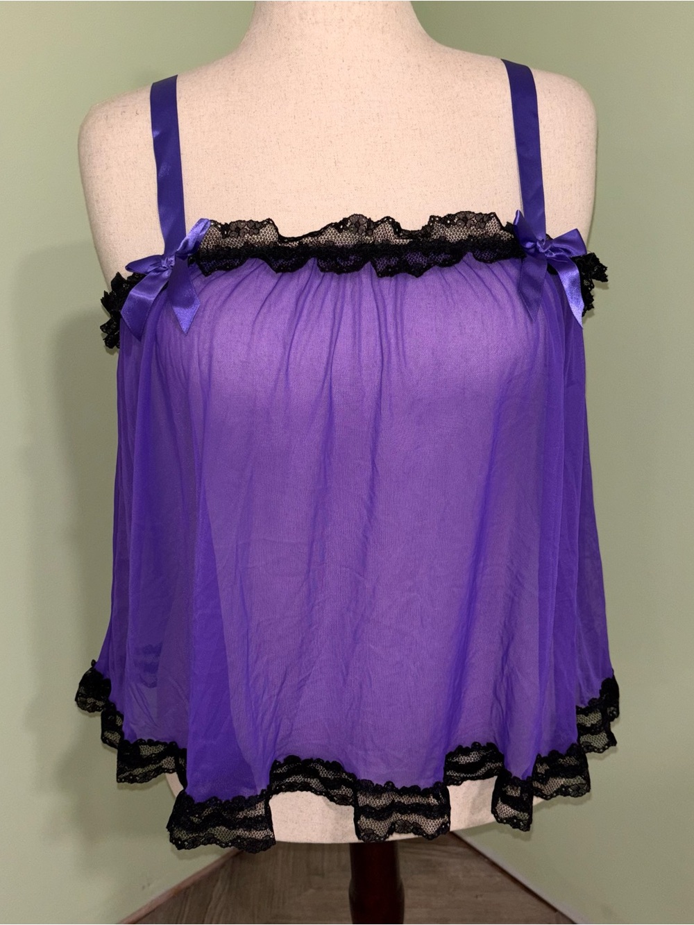 Victoria’s Secret Sheer Purple Babydoll Top Black Lace Bows Mesh Women’s Size M